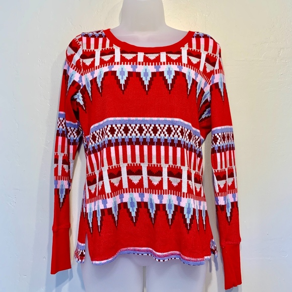 VS | NWT Fair Isle Waffle Knit Tribal Aztec Long Sleeve Holiday Thermal Shirt - Picture 2 of 7